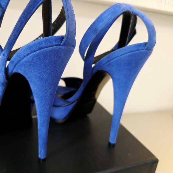Saint Laurent Blue Suede Platform Stiletto Ankle Strap Buckle Heels EU 38 - Picture 9 of 13